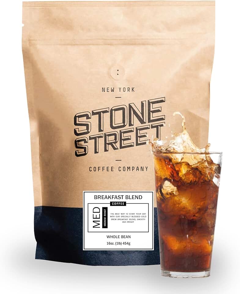 Stone Street Cold Brew Coffee, Low Acid, 100% Arabica, Gourmet Coffee - Breakfast Blend, Medium Roast, Whole Bean, 1 LB