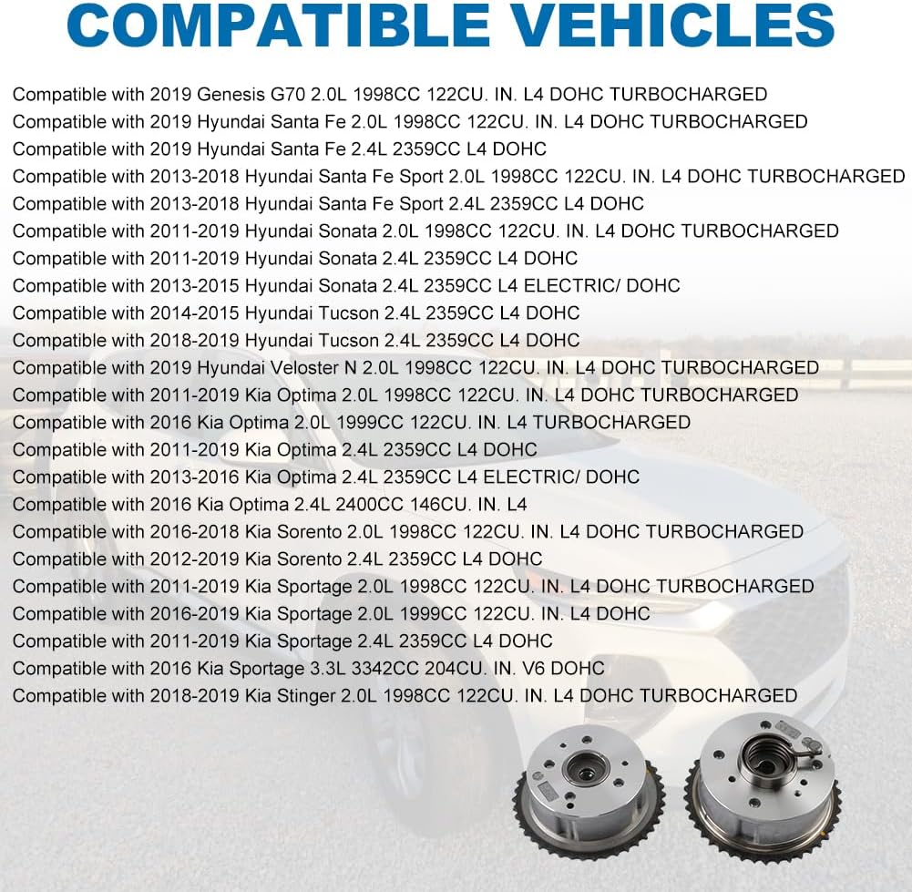 Intake & Exhaust Camshaft Adjuster VVT Timing Cam Gear Compatible with Genesis G70 Hyundai Santa Fe Sonata Tucson Veloster Kia Optima Sorento Sportage Replacement for 24350-2G750 24370-2G750