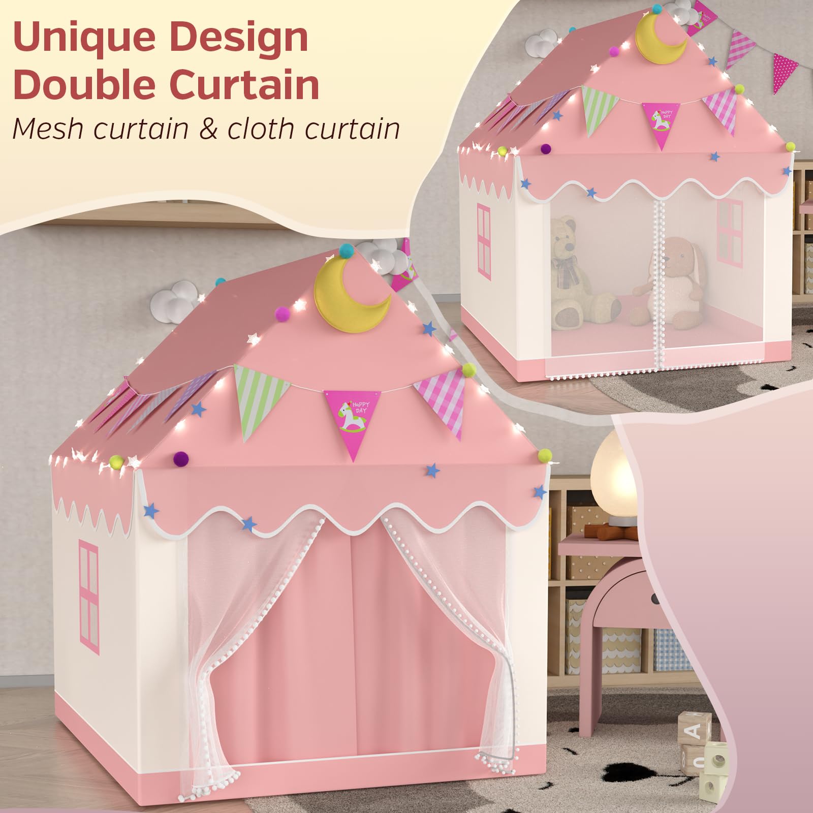 2 IN 1 Kinderzelt, Spielzelt für Kinder mit LED-Lichtern und Dekoration, Spielzelt für Drinnen,Kinderspielhaus in Form eines Hauses,Kinderzelt Spielhaus Kinder Indoor