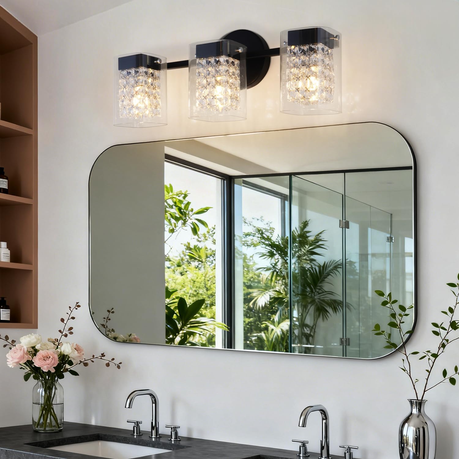 3 Lights Bathroom Vanity Light, Wall Mount Bathroom Light Fixtures,Crystal Bathroom Light Fixture Over Mirror, Matte Black & Crystal Indoor Wall Lights Crystal Glass Shade（E12 Bulb not included）