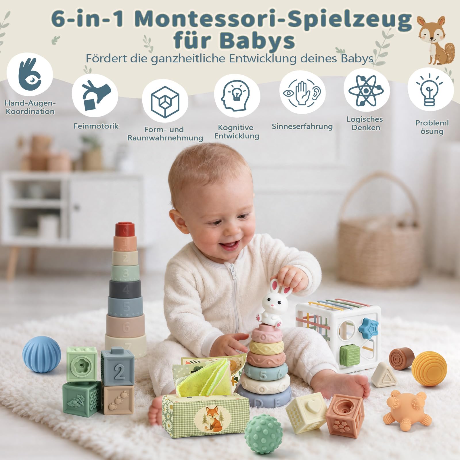 Anook Montessori Spielzeug Baby ab 6 Monate, Baby Spielzeug 6 8 9 10 Monate | Babyspielzeug ab 6 Monate mit Bausteine,Stapelbecher,Tücherbox Baby,Formsortierwürfel,Stapelturm,Geschenk für 6-12 Monate