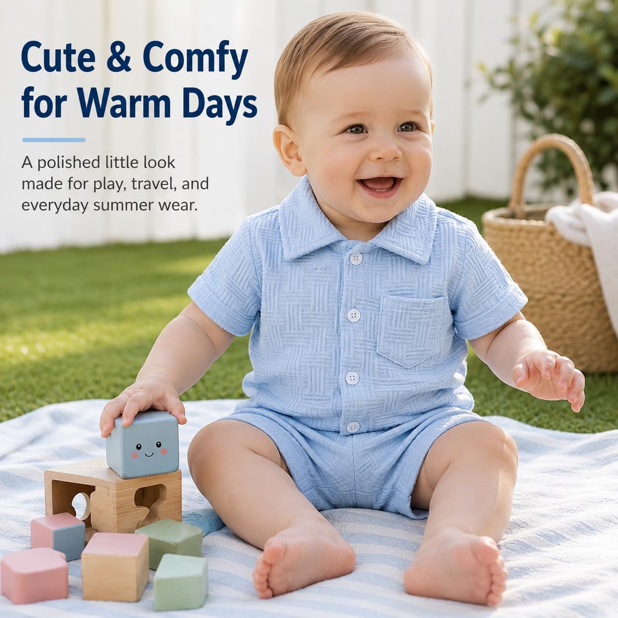 elves Toddler Boy 2-Piece Outfit Set, Baby Boy Button Down Shirt & Shorts Set, Short Sleeve Summer Clothes, Blue 6M-4T