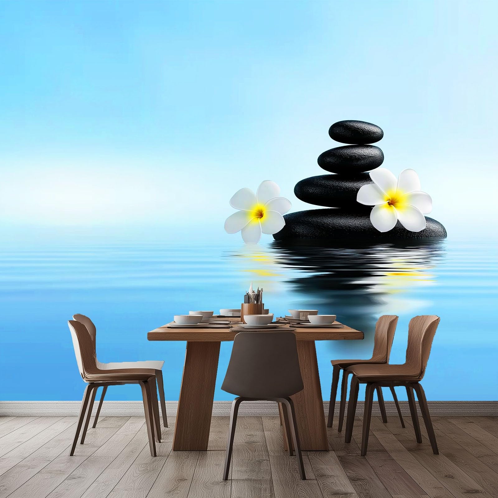 Panoramiczna tapeta 3D Jezioro Zen Skały Kwiaty 200 x 140 cm - Dekoracja wnętrz ściennych do salonu i pokoju dziecięcego, tapeta z włókniny XXL niebieska - plakat z obrazami ściennymi