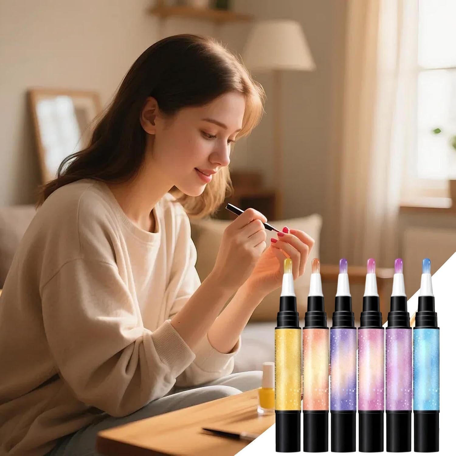 Gel Nail Pens - 6 Piece Manicure Quick-Drying Tools,Nail Varnish Pens Set | for Beauty & Home Salon Girls Travel Beginner Art
