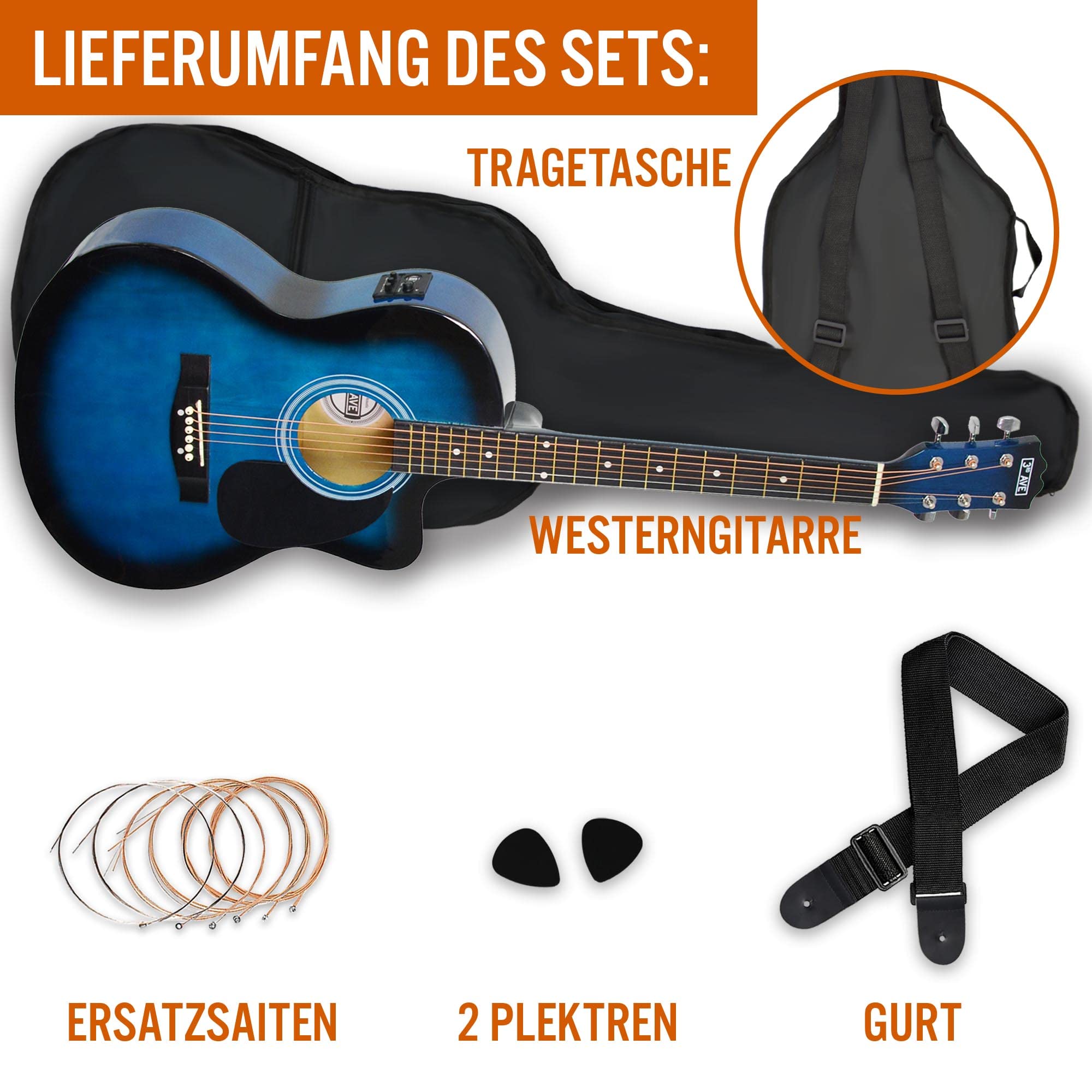 3rd Avenue 4/4 E-Westerngitarren-Set in Normalgröße mit Cutaway, für Anfänger – 6 Monate KOSTENLOSER Unterricht, mit EQ – in Blau