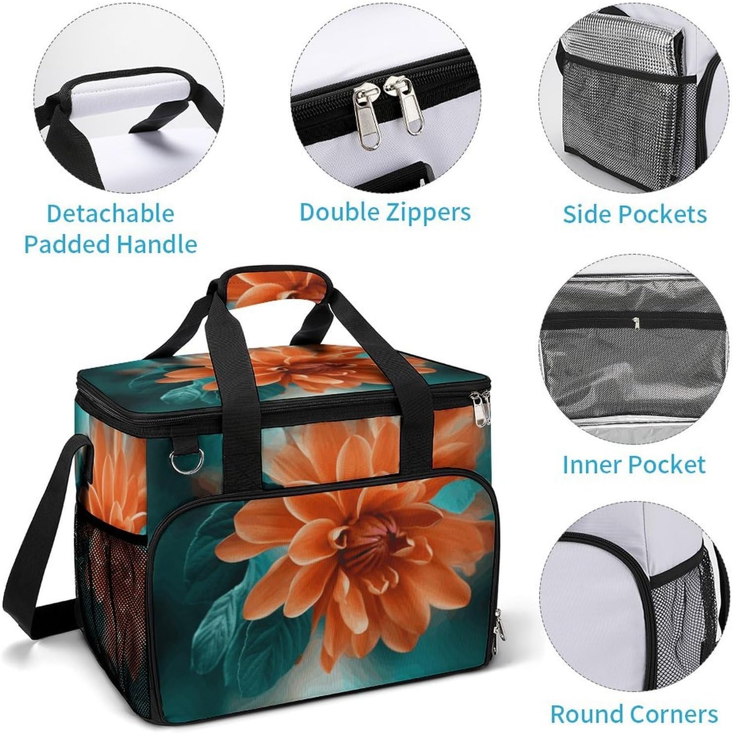Large Capacity Oxford Cloth Teal and Orange Flower Printed Camping Ice Bag, Outdoor Portable Insulation and Cooling Bag, Suitable for Outdoor Camping and Picnics