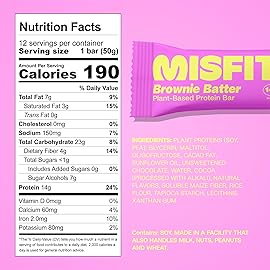 Misfits Vegan Protein Bars - Fudgey Brownie Batter| Nutrition Bars - 14g Protein, 1g Sugar, Plant-based, Low Carb, Non-GMO, Gluten Free Snacks | Pack of 12