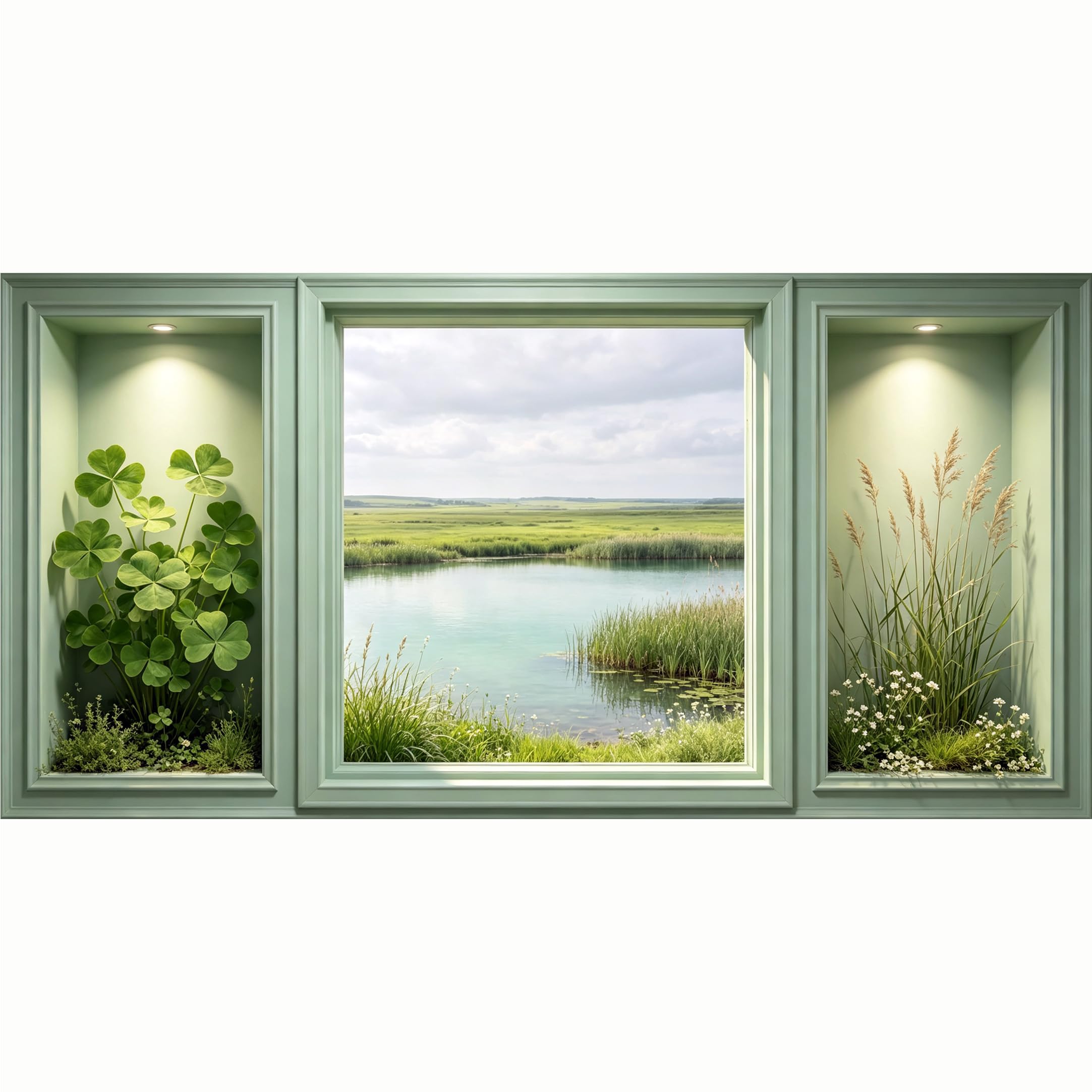 QZLITHOTIC 50x100cm 3D Framed Wall Art， Scenic Lake Landscape Botanical Window View Self‑Adhesive Mural， Water‑Activated Peel & Stick Fabric Decor Wall Decal for Bedroom Living Room
