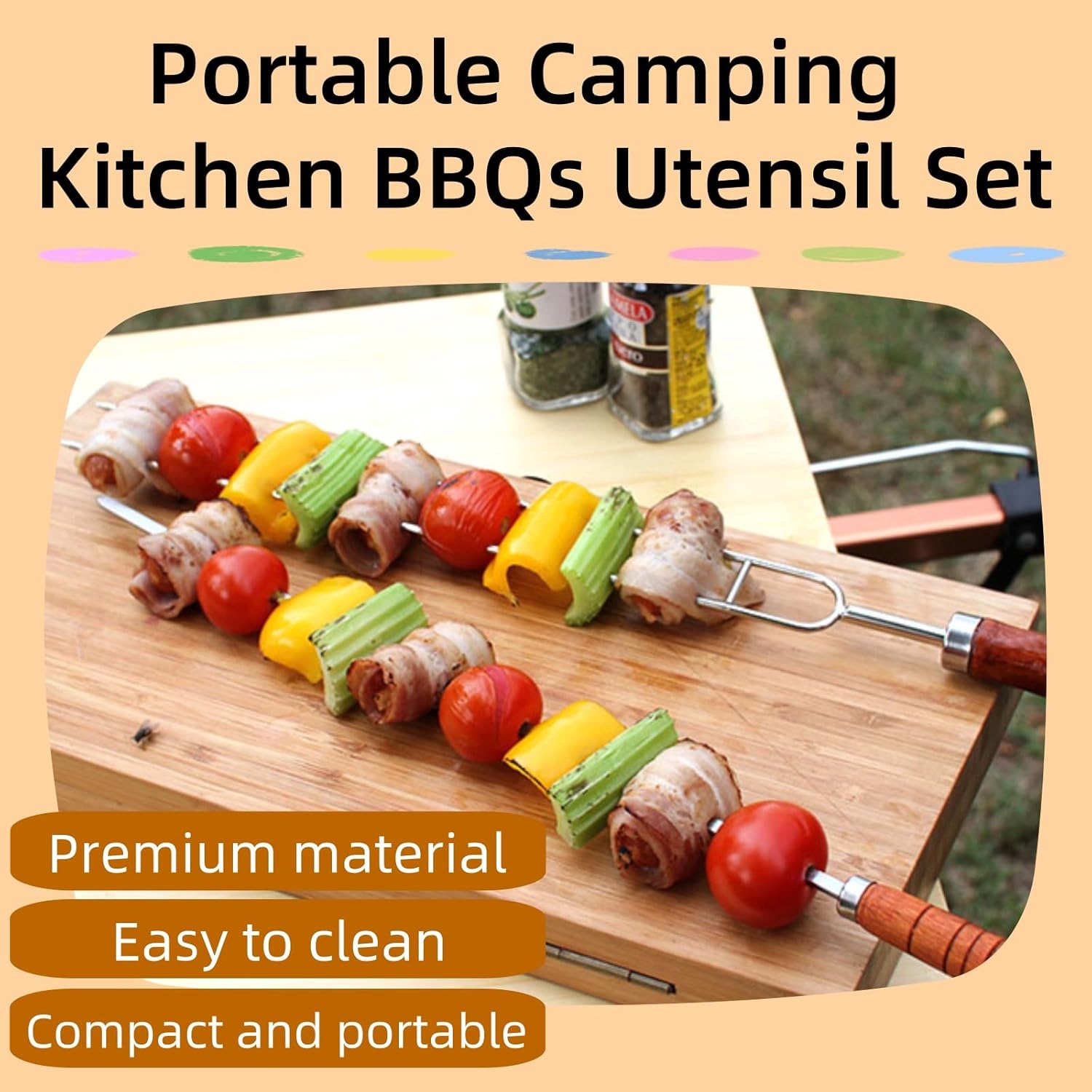 Portable Camping Kitchen Utensil Set, 12pcs Wooden Cookware Kit, Stainless Steel Stainless Steel Outdoor Cooking and Grilling Utensil Organizer Set for Travel, Picnics, BBQs (Black)