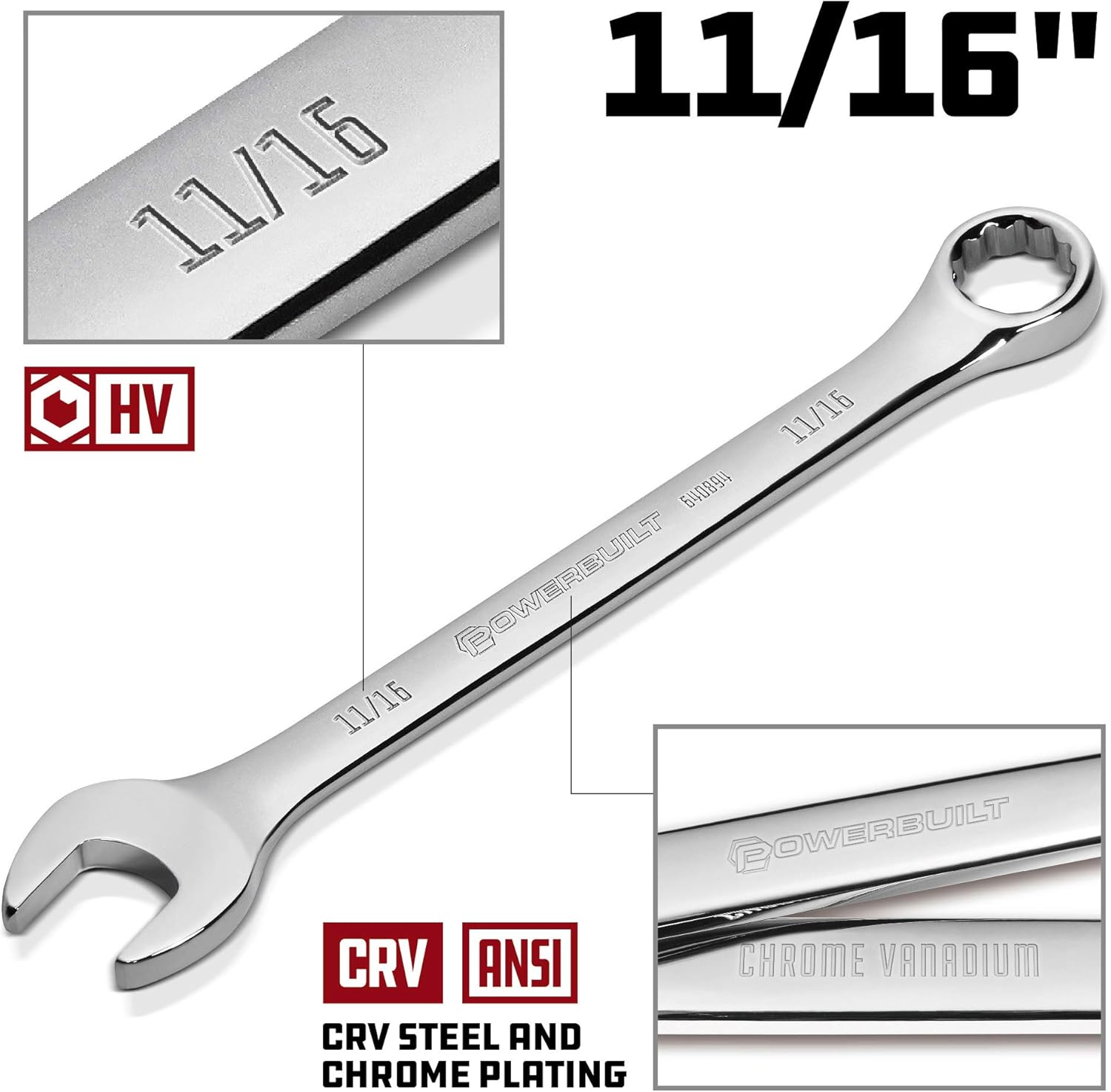 Powerbuilt 11/16-Inch SAE Combination Wrench, 12 Point Double Ended Box and Open End, 15 Degree Offset Polished - 640894
