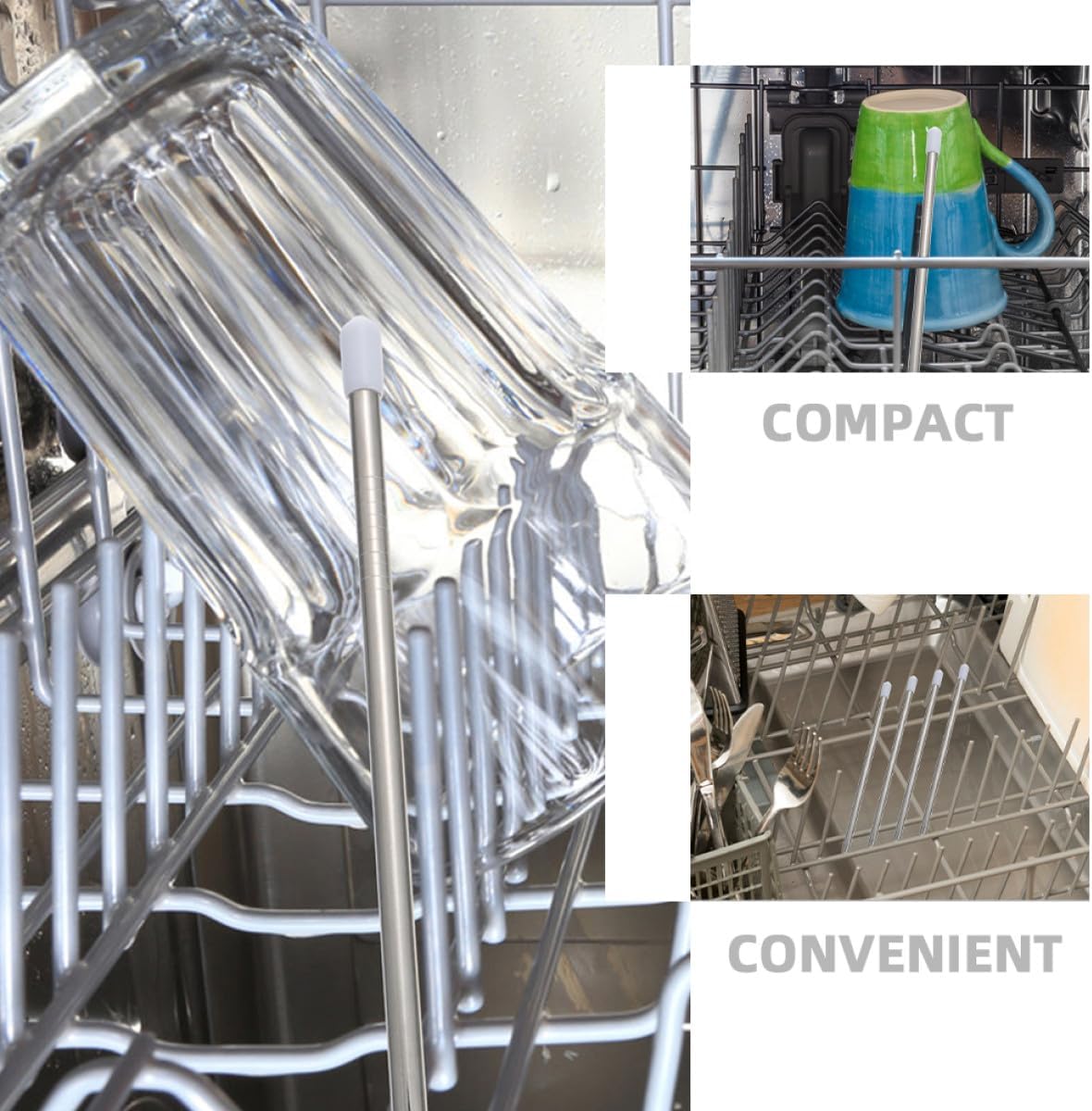 Didiseaon 6pcs Stainless Steel Dishwasher Bottle Holder Insert Sticks, Sturdy Dishwasher Inserts for Bottle and Glass Draining Rack, Universal Drying Support Rods for Kitchen Counter Use