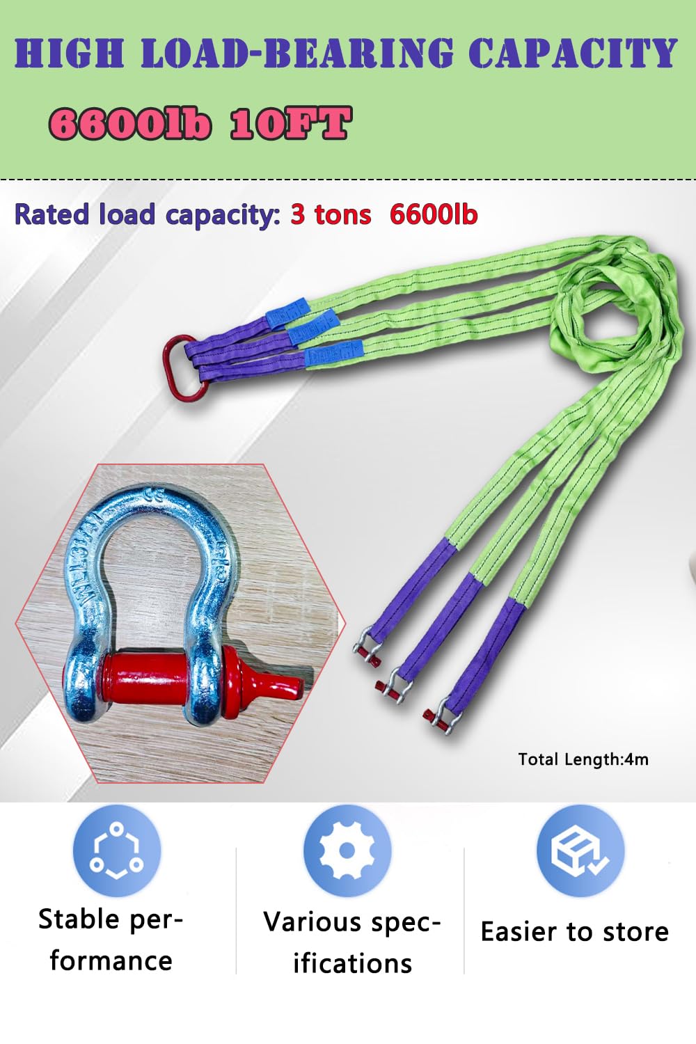Lifting Slings Straps with Shackles - 10 FT, 6600LB Capacity Polyester Bridle Sling, Heavy Duty Three Leg Rigging Strap for Cranes, Hoists, Trucks, Heavy Equipment Moving (SJ-3Leg-3T)