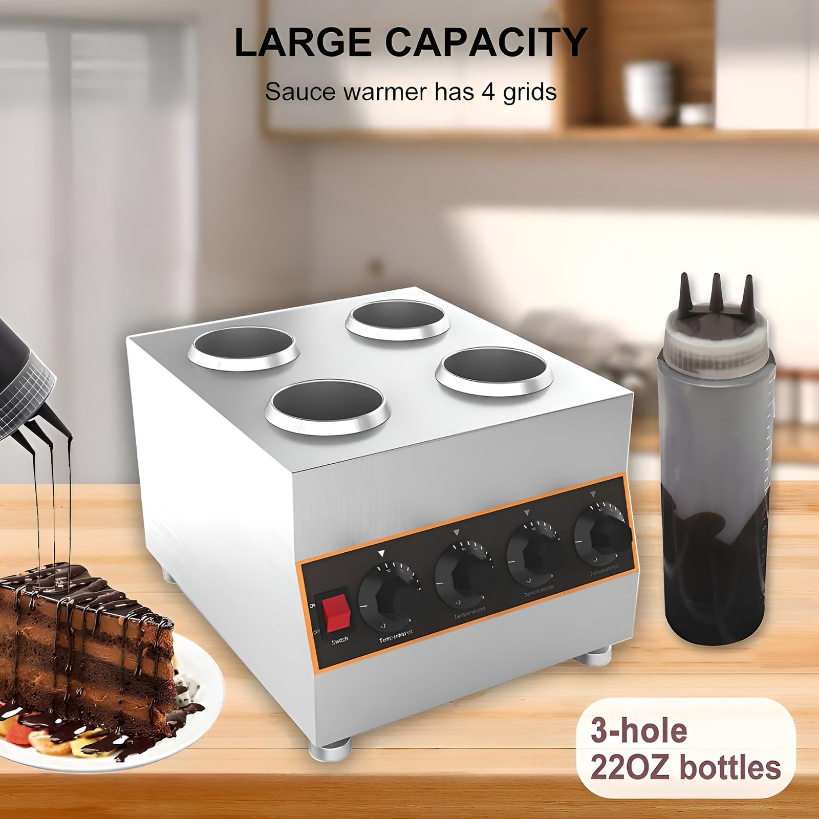 Calentador eléctrico de salsa, dispensador de acero inoxidable con 4 botellas de 650 ml, ajustable a 30-85 °C, para dulces, queso, chocolate