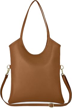 Italian Calf Leather Tote Bag for Women with Zipper & Adjustable Strap | Medium Pebbled Soft Shoulder Handbag Brown