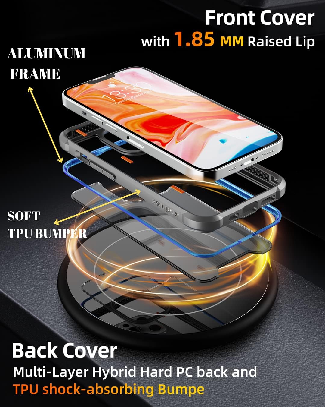 CaseBorne R Compatible with iPhone 13 Pro Max Case - Shockproof Protective Clear, Military Grade 12ft Drop Tested, Durable Aluminum Frame, Anti-Yellowing Technology - Iridescent