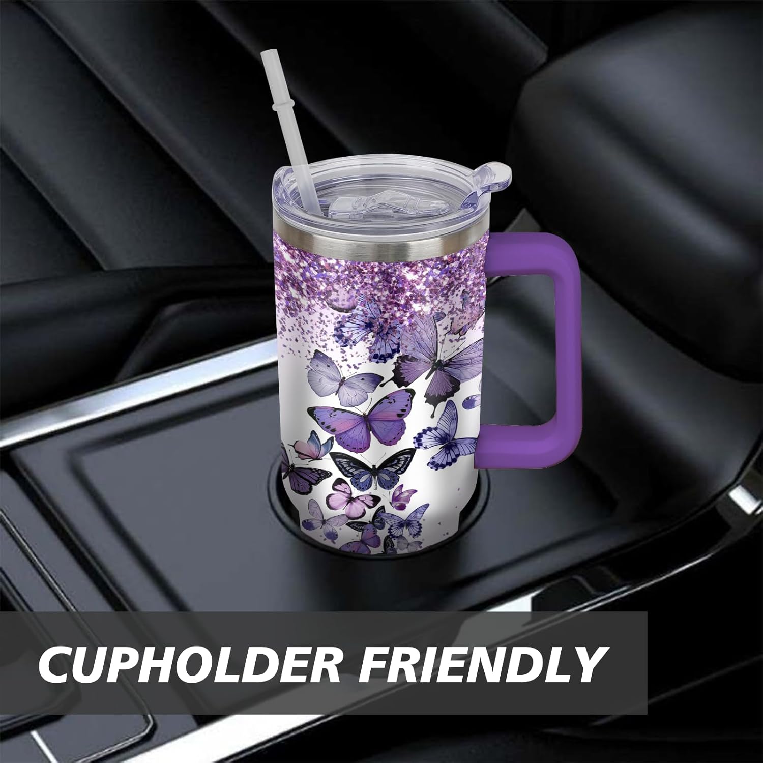 Butterfly Tumbler With Lid, Straw and Handle - 40oz Stainless Steel Travel Coffee Mug Water Bottle - Gift Cups for Women and Girls - Image 5