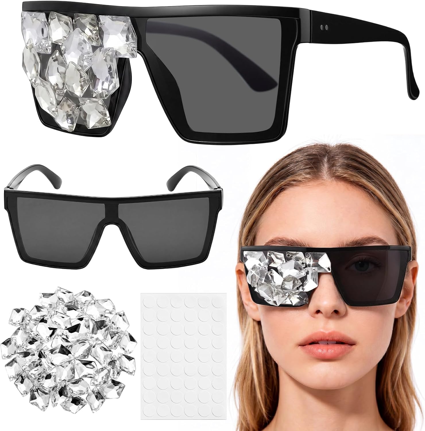 Sabary Pop Music Oversized Square Sunglasses DIY Rhinestones for Women Men