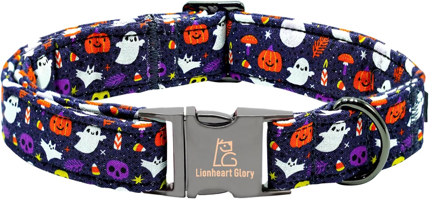 Lionheart Glory Fall Halloween Pumpkin Dog Collar - Heavy Comfortable Adjustable for Medium Dogs, Girls, Boys - Cute Pet Gift