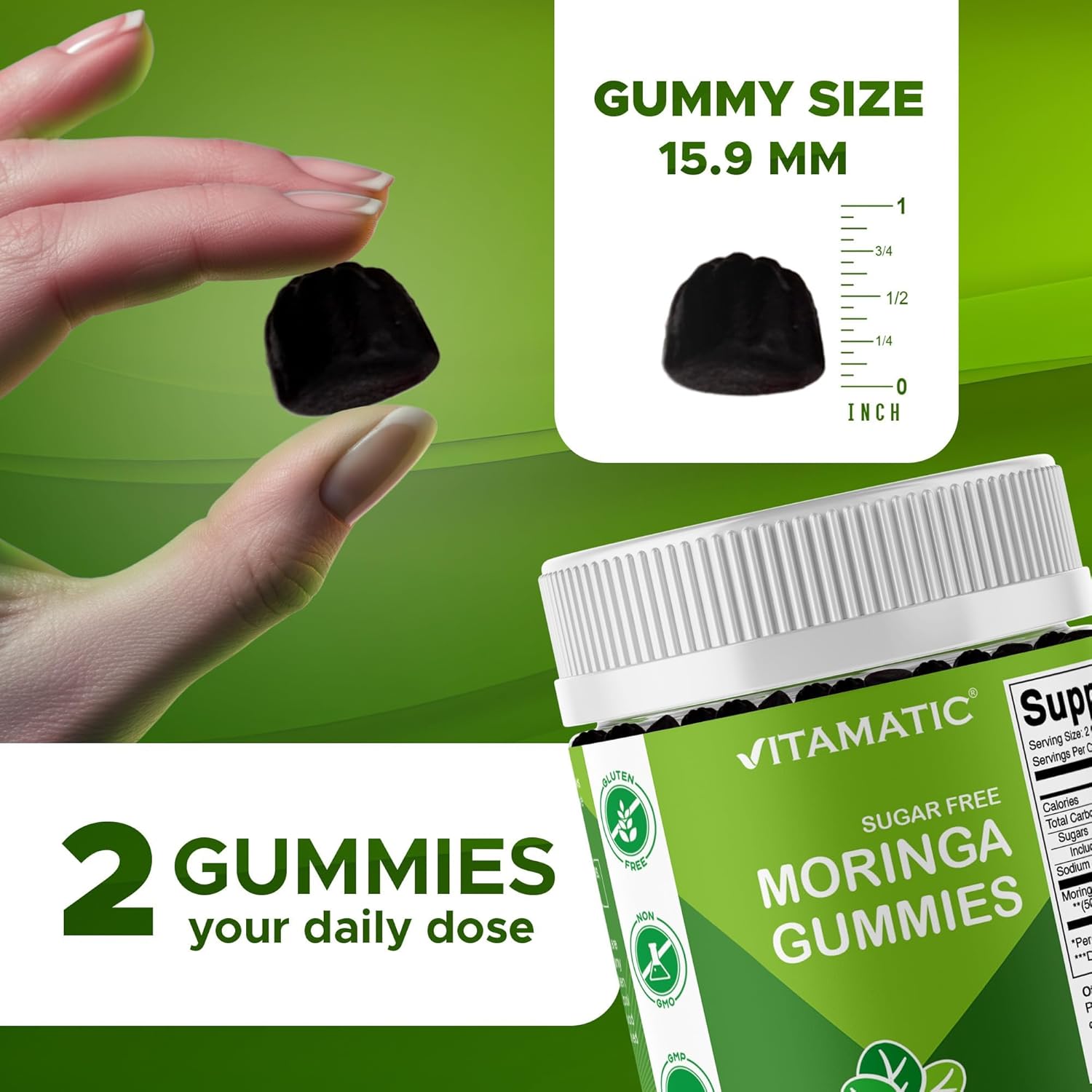 Vitamatic Moringa Gummies – Sugar-Free 50:1 Plant-Based Extract – Green Superfood – Pectin-Based, Vegan, Non-GMO – 240 Gummies