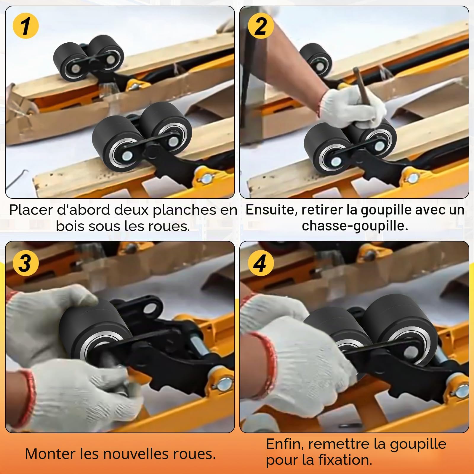 Lot de 4 roulettes de chariot élévateur en caoutchouc 80 x 70 mm, max. 600 kg par roulettes, avec roulement à billes pour chariot élévateur, axe 20 mm, pour transpalette, élévateur de rechange