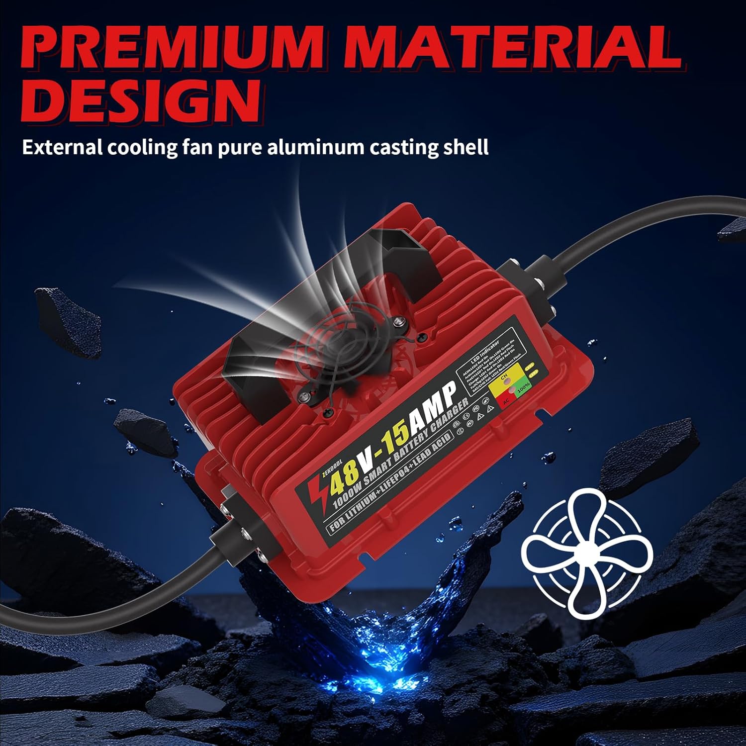 48V Battery Charger,1000W 15A Golf Cart/Forklift Charger for LiFePO4/Lithium/Lead Acid | IP67 Waterproof 16FT Cable | Fan Cooling & Aluminum Housing | Floor Scrubber, Lift,RV,Boat,Etc