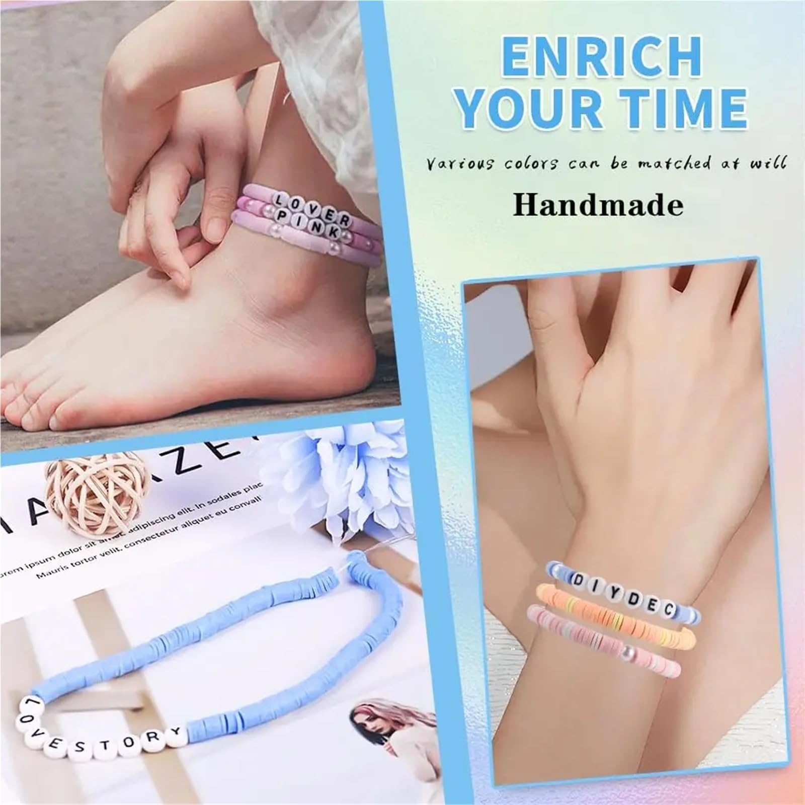 Ayztantine Juego de 3860 cuentas arcilla polimérica color macarrón, planas for hacer pulseras y collares únicos, con letras, accesorios bricolaje Juego Hacer Pulseras