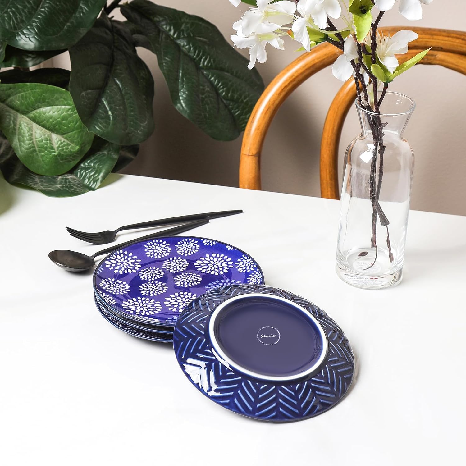 Selamica Dessert Plates Ceramic, 6 Inch Embossed Small Plates for Appetizer, Cake, Snacks, Microwave Dishwasher Safe, Set of 4, Blue - Image 7