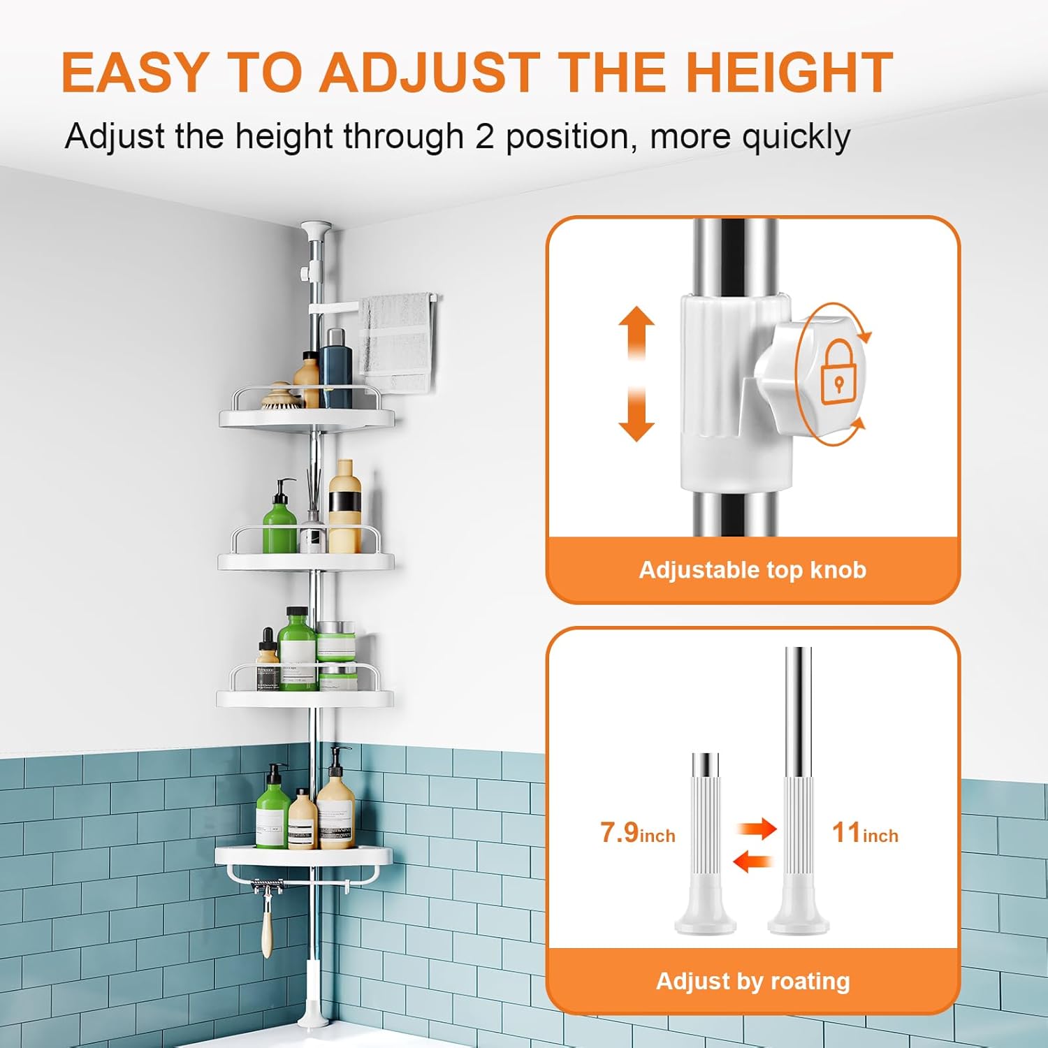Corner Shower Caddy Tension Pole: Rust Proof 4Tier Shampoo Storage Organizer for Inside Shower - Telescoping Rod Shower Rack for Bathroom and Bathtub - Restroom Floor Standing Bath Rack Holder