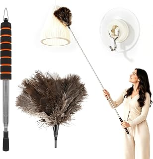 Telescopic Duster Ostrich Feathers with Telescopic Handle 61 mm, Duster Telescope Washable with a 360° Swivel Stainless Hook for Ceiling, Lights and Furniture