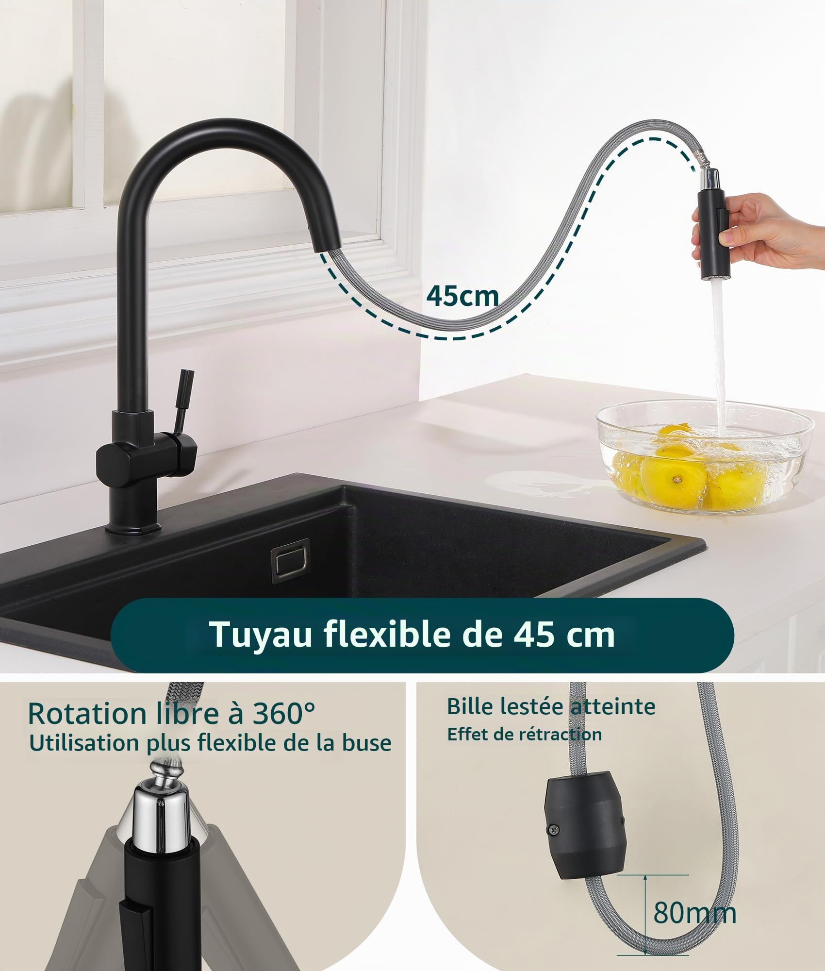 Robinet de Cuisine,Robinet de Cuisine Haute Pression Avec Douchette Extractible,Pivotant à 360°,Mitigeur D'éVier à Double Bec,Mitigeur de Cuisine En Acier Inoxydable Noir