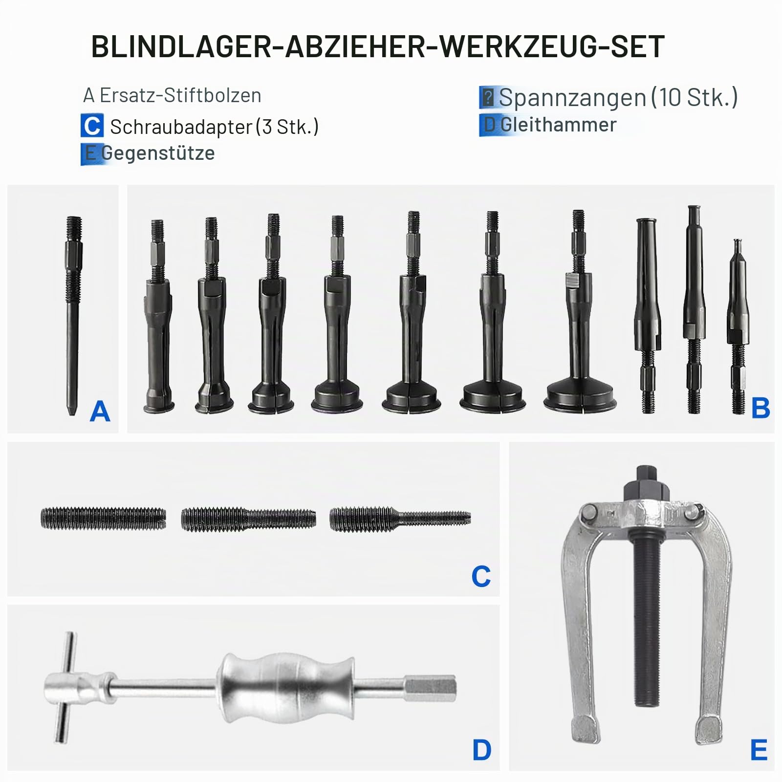 FreeTec 16tlg Innenlager Abzieher Set, 8-58mm Innenabzieher Lager, Grundloch Lagerabzieher Innenlager Auszieher Werkzeug, Kugellager Abzieher Innen mit Gleithammer Satz für Auto LKW Motorrad (Blau)
