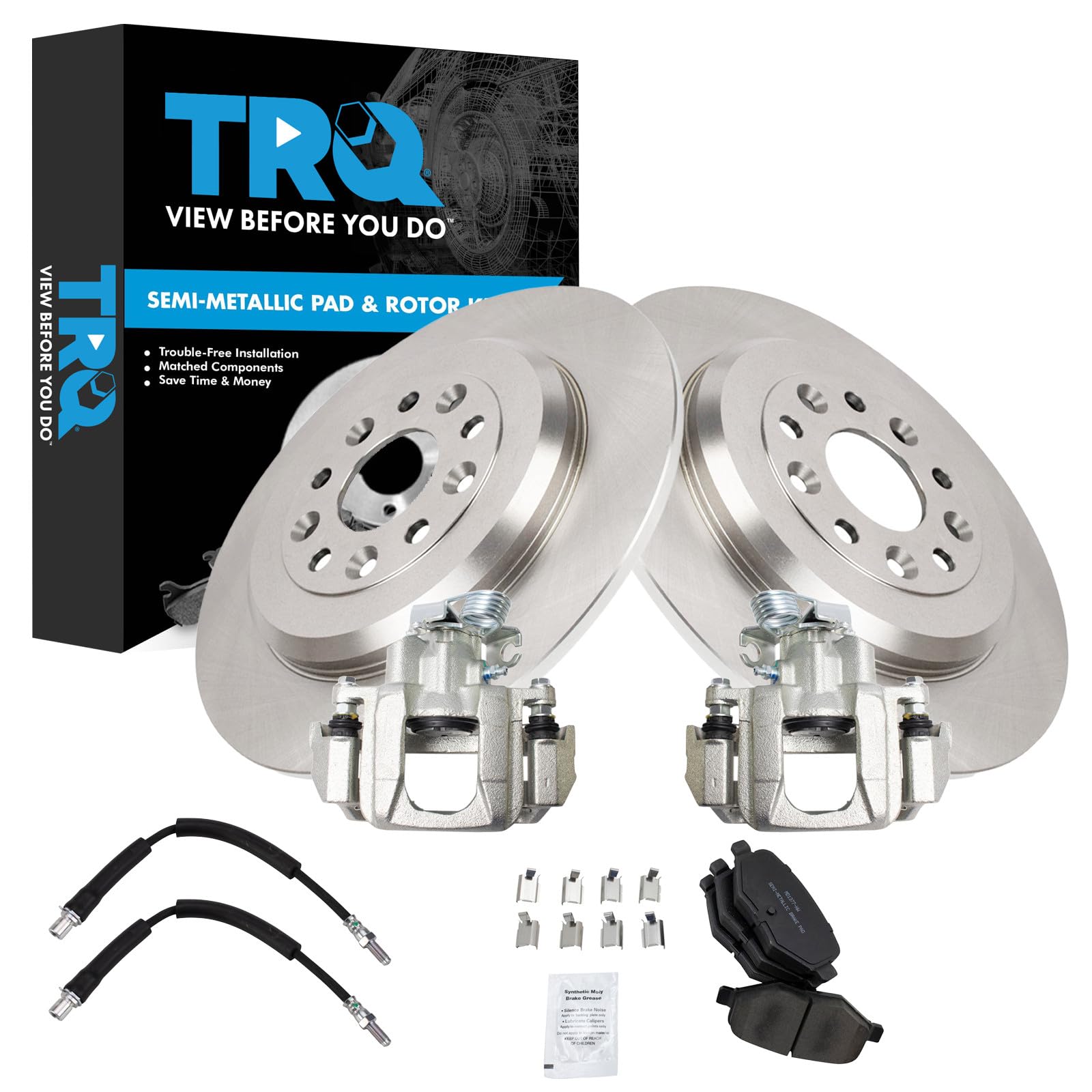 TRQ Rear Brake Pad and Rotor Set Semi Metallic Rotors Calipers Compatible with 2009 Ford Flex 2010-2012 Taurus 2009-2012 Lincoln MKS