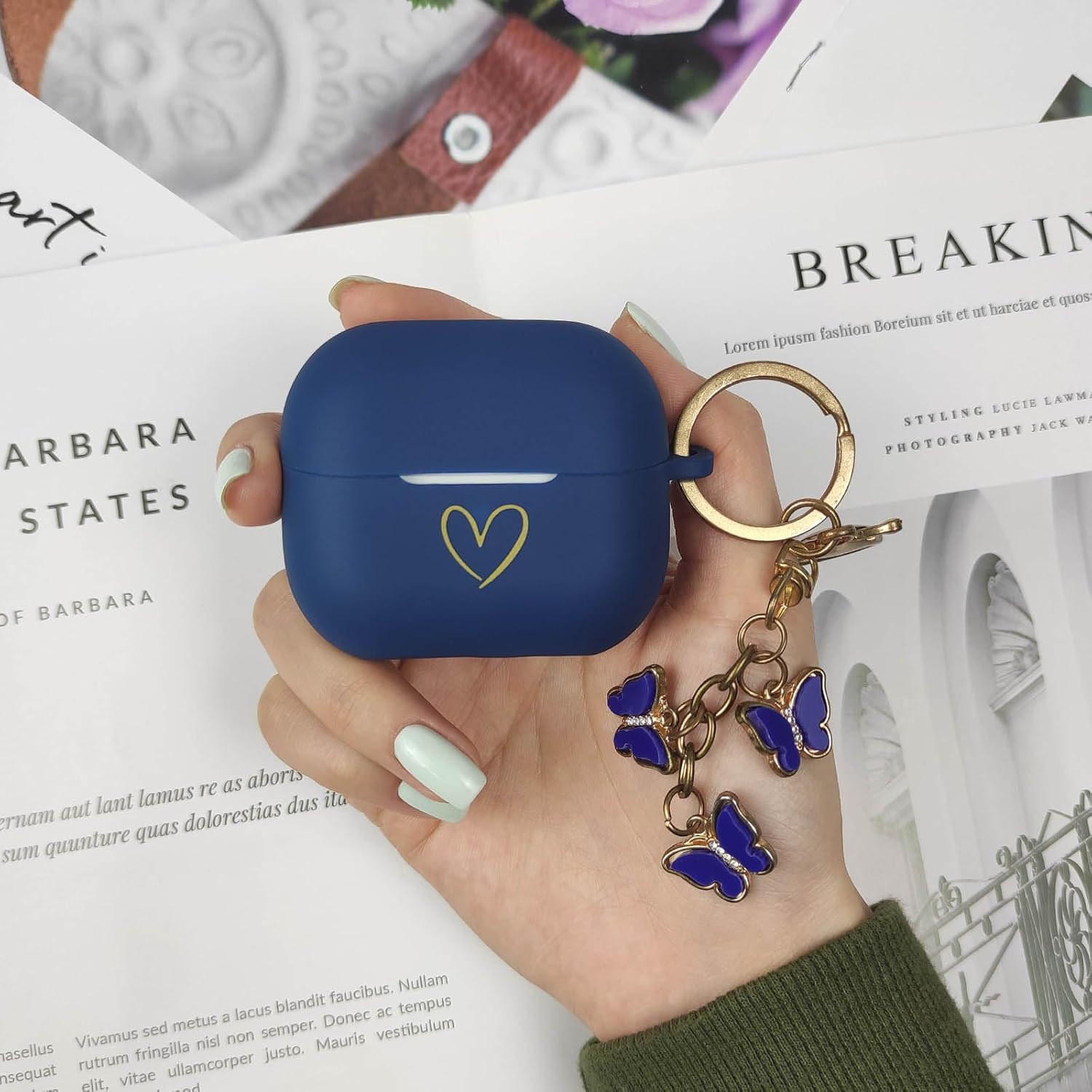 Compatible with Samsung Galaxy Buds 3 Pro and Galaxy Buds 3 (2024), Soft Silicone Case with Gold Heart Pattern with Cute Butterfly Keychain for Girls Women (Midnight Blue) - Image 6