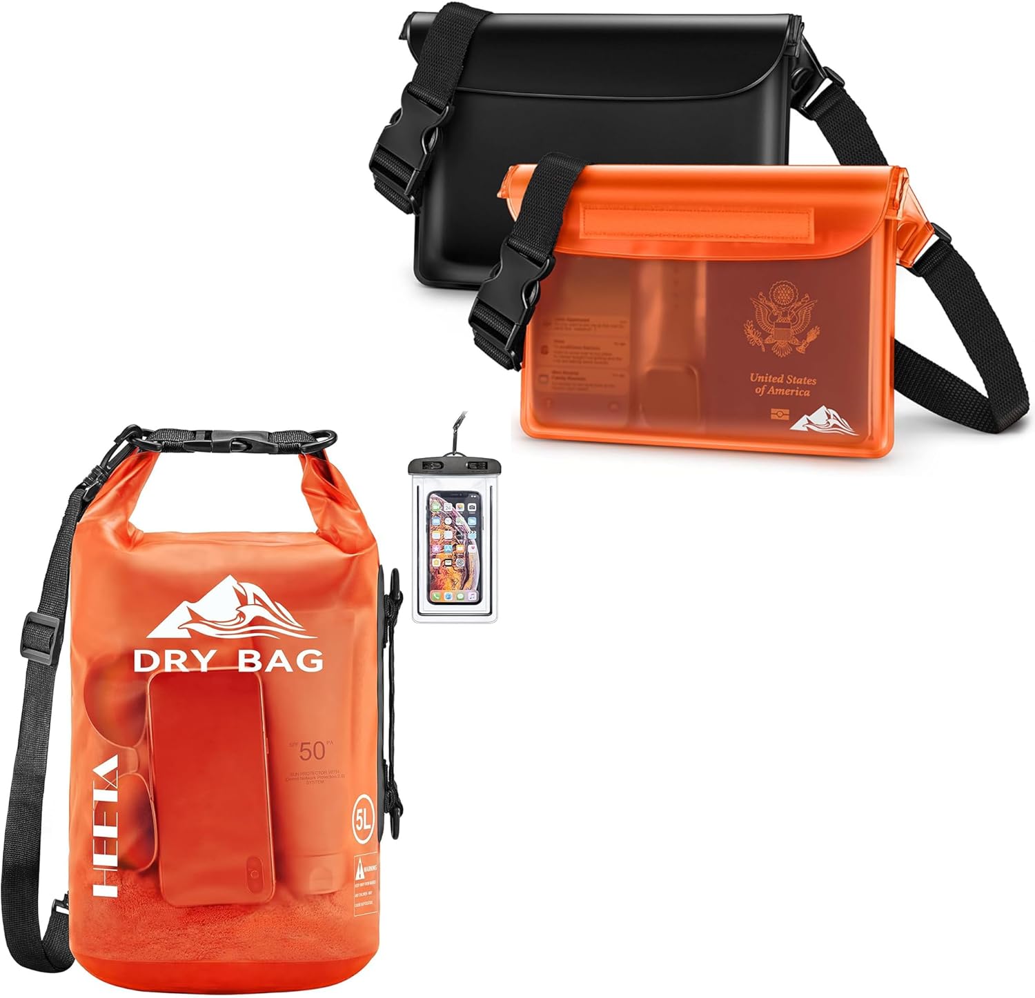 HEETA Waterproof Dry Bag for Women Men Transparent (Orange 5L) Bundled with 2-Pack Waterproof Pouch with Adjustable Waist Strap (Black & Orange)
