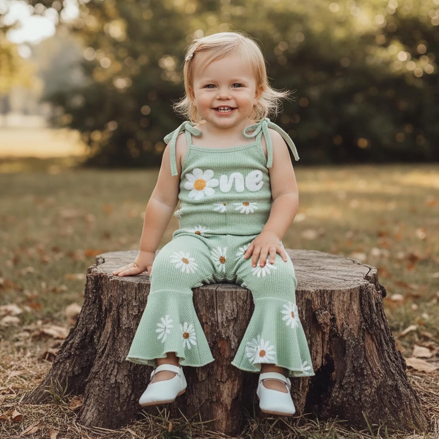 Tsultryofs Baby Girl Bell Bottom Jumpsuit Infant Toddler Waffle Clothes Letter Flower Print Sleeveless Square Neck Overalls