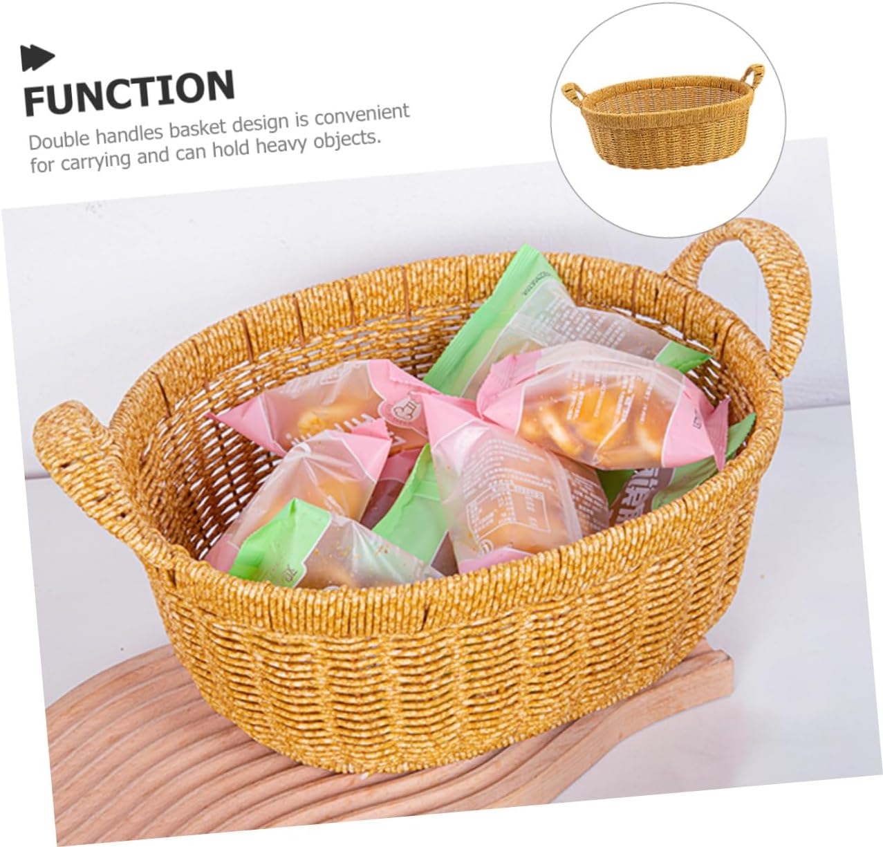 ABOOFAN Simulated Rattan Serving Tray Bread Basket with Dual Handles Large Oval Deep Wicker Fruit Snack Storage Organizer for Kitchen and Outdoor Picnic