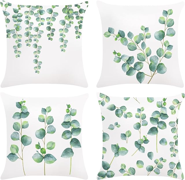 Bonhause Eucalyptus Leaves Cushion Covers 18 x 18 Inch Set of 4 Green Plants Spring Decorative Throw Pillow Covers Soft Velvet Pillowcases for Sofa Couch Car Bedroom Home Decor, 45 x 45 cm