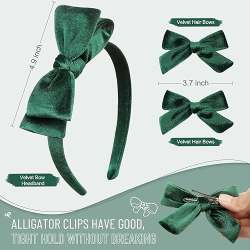 Miniatura 2 de DEEKA Diadema de terciopelo verde oscuro con lazo y 2 lazos de terciopelo para el cabello, uniforme de terciopelo, accesorios para el cabello, banda