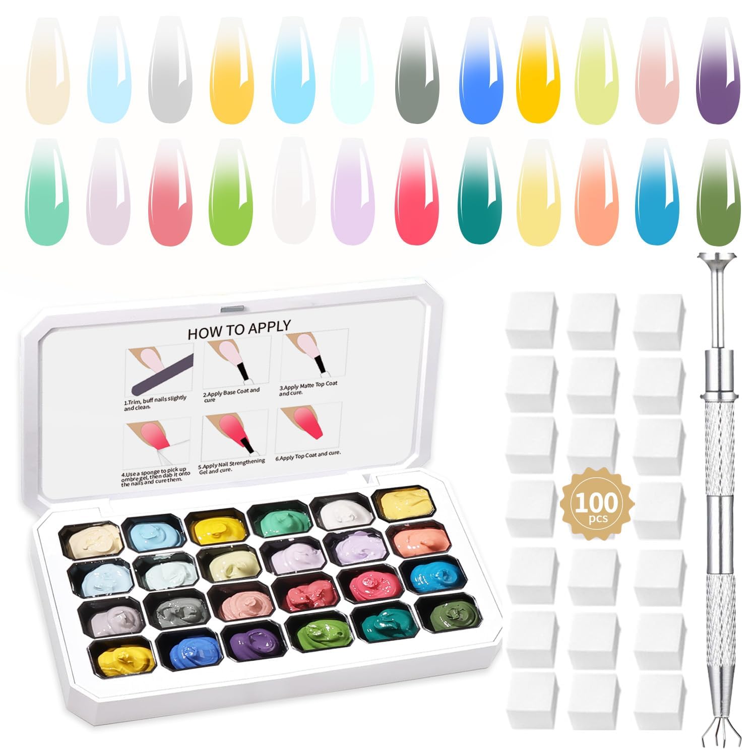 24 Colors Ombre Gel Nail Polish Palette Set,Ombre Pigment for Nails,Gradient Painting Blooming Gel with 100Pcs Nail Sponges for 3D Gels Nail Art can be Painted in Salon or Home Use