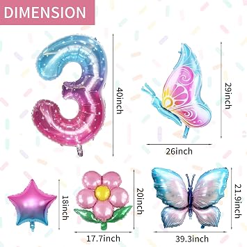 Butterfly Balloon 3rd Birthday Decorations, Fairy Girls Decorations