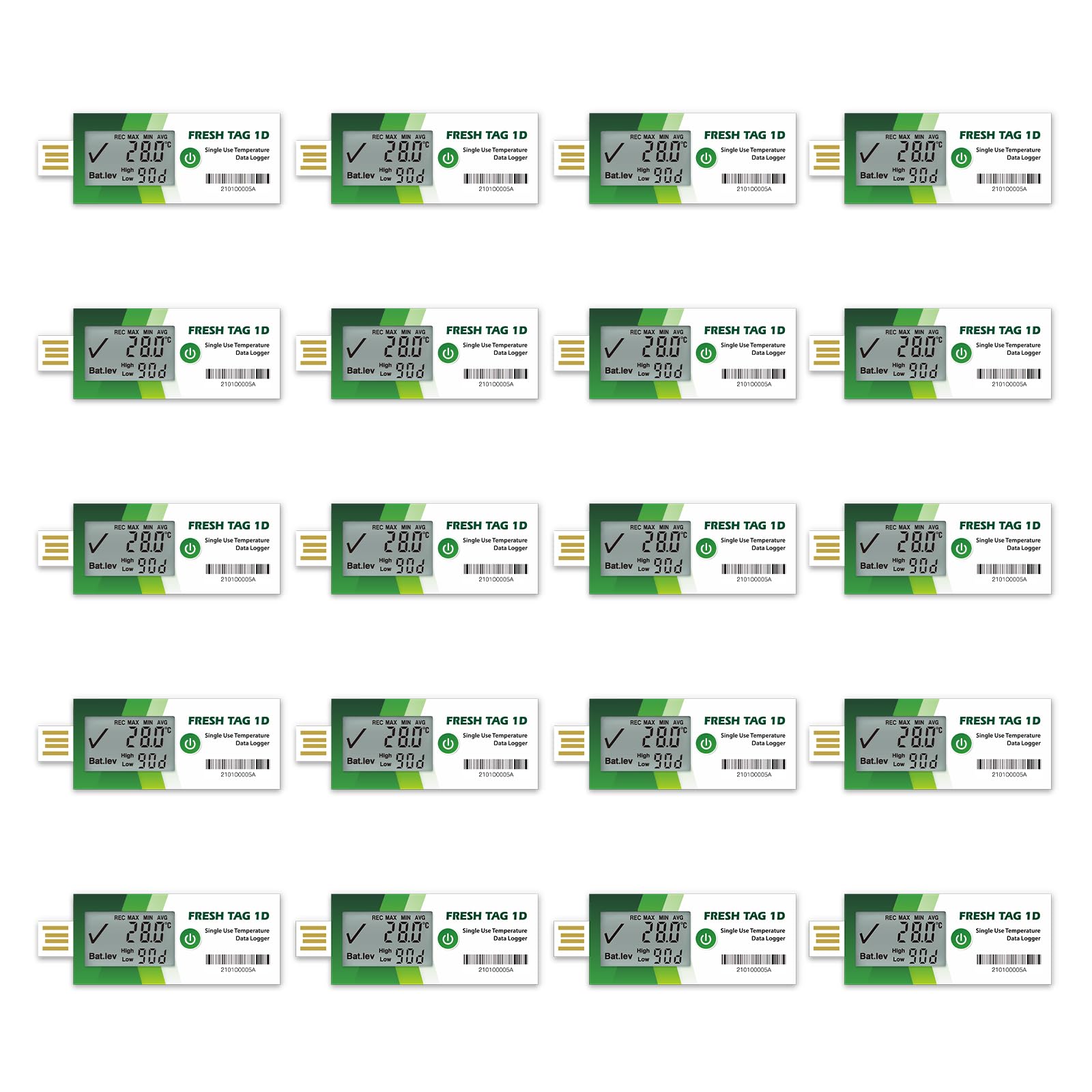 Registrador de datos de temperatura Freshliance con pantalla LCD grande, grabadora de temperatura de uso único con PDF y CSV Report 120 días, 20 unidades, Fresh Tag1D
