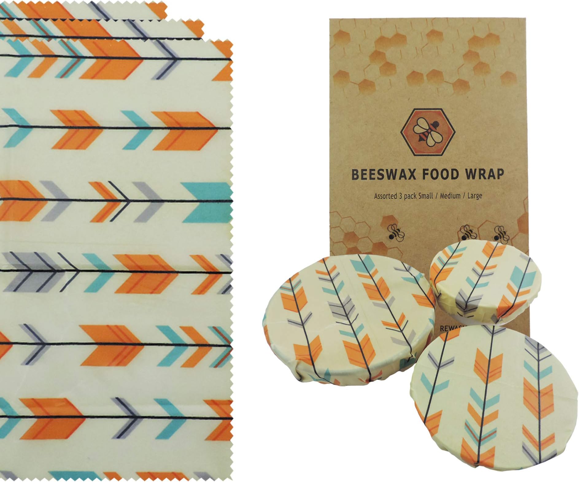 Set of 3 Beeswax Wraps: Small, Medium and Large. 6 Designs. Reusable, Eco Friendly, Zero Waste Food Wrap (Multicoloured)