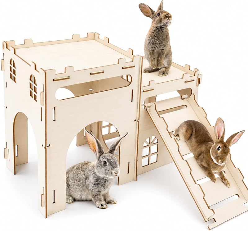 Rypet Large Wooden Rabbit Castle, Bunny Castle Hideout with Stairs | 2 Detachable Houses with Stairs, Breathable Bunny Indoor Playhouse, Quick Assembly, For Guinea Pigs, Chinchillas, Ferrets