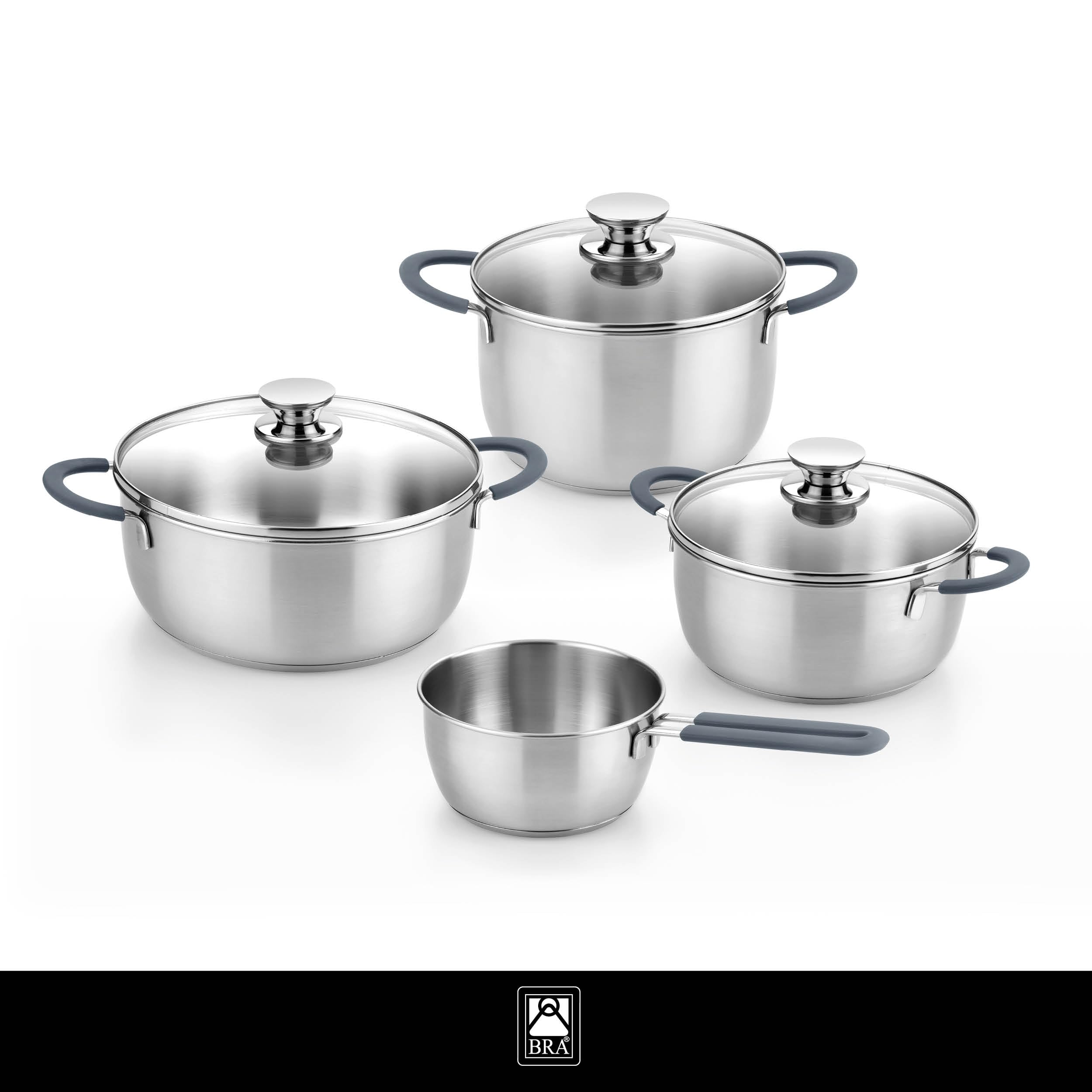 BRA Master | Batería de cocina 7 piezas, Acero Inoxidable 18/10, Sin Antiadherente, Mango recubierto de Silicona, Apto para todo tipo de cocinas, Incluida Inducción