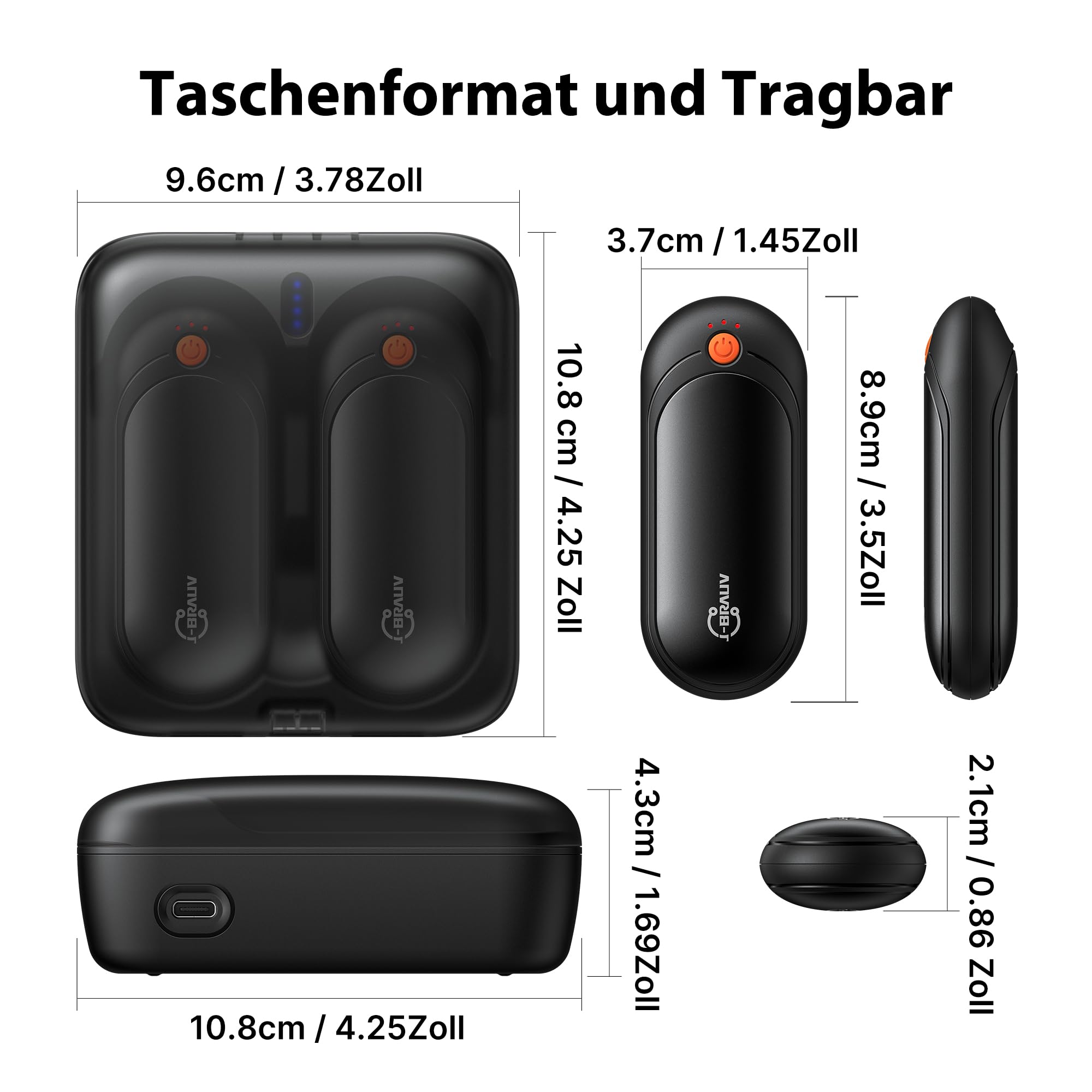 Handwärmer Elektrisch 2er Set, 2000mAh Taschenwärmer Wiederverwendbar Mit 10000mAh Ladebox, 5 Heizstufen Beidseitig Handwärmer USB Bis 24h Heizung, Für Kinder Männer Frauen