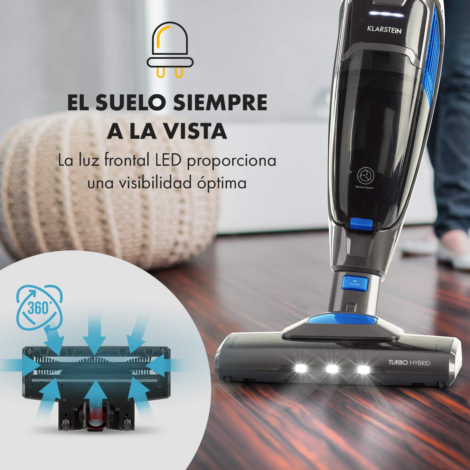 Klarstein TurboHybrid Aspiradora Sin Cable, Aspirador Escoba Ciclónico y de Mano, hasta 50 min de Autonomía, Batería Li-Ion 25,2V, 2 Niveles de Succión, Sin Bolsa, LED, Azul Antracita