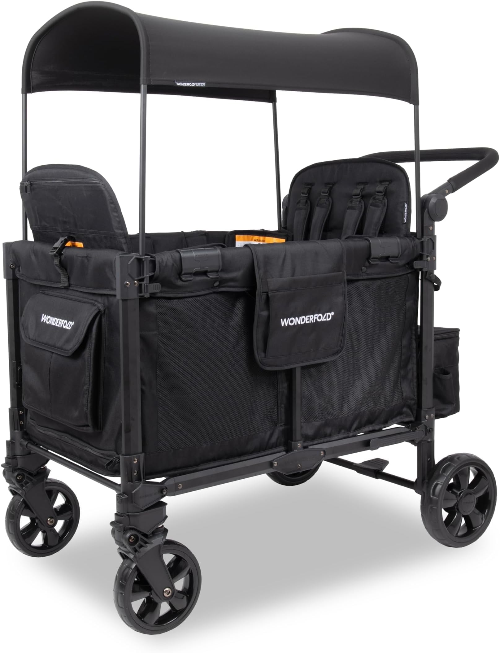 WONDERFOLD W4 Elite Pro Stroller Wagon (4 Seater) - Collapsible Wagon Stroller with Seats with 5-Point Harnesses, Adjustable Push Handle, and Adjustable Sun Canopy, Jet Black