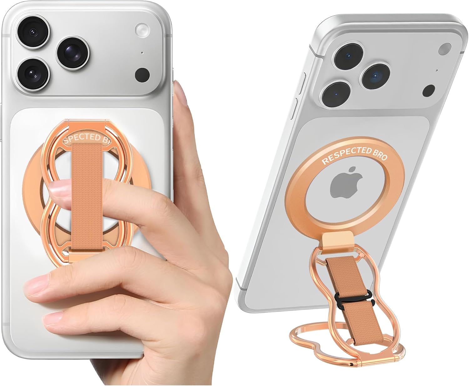 RESPECTED-BRO-Magnetic-Phone-Grip-Stand-with-Finger-Strap, 4-in-1 Magnetic Ring Holder, Kickstand and Elastic Strap for Phones, Universal Fit for iPhone 17/16/15/14/13/12, Android and Cases(Rose Gold)
