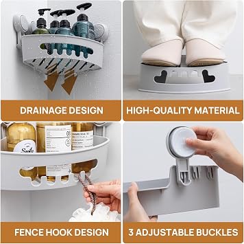 LEVERLOC Corner Shower Caddy Suction Cup, Shower Basket Suction Bathroom