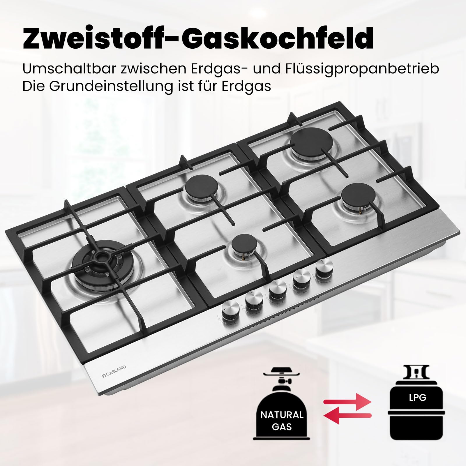 GASLAND GH2905SS1FC Piano cottura a gas da incasso 87 cm in acciaio inox a 5 fuochi, piano cottura a gas da incasso autosufficiente con 2 supporti, con bruciatore wok, GPL/gas naturale, 10400W
